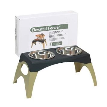 Elevated Dog Feeder with stainless steel bowls.